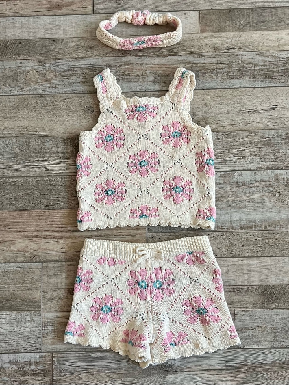 Rachel Zoe Girls Crochet Knit Tank Top Shorts & Headband Set Size 4
